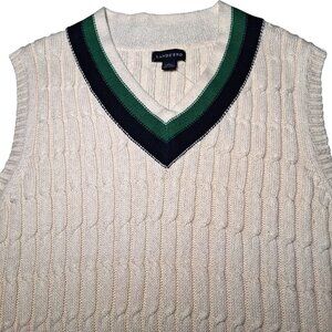 Lands End Sweater Vest Men L V Neck Cable Knit Ivory Academia Preppy Linen Blend